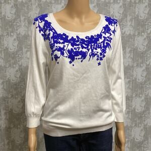 M&S Collection white 3/4 sleeves scoop neck blue floral detailing sz 10